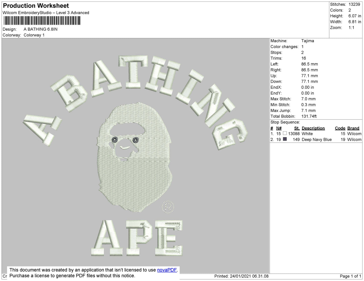A Bathing Ap Embroidery File 5 size