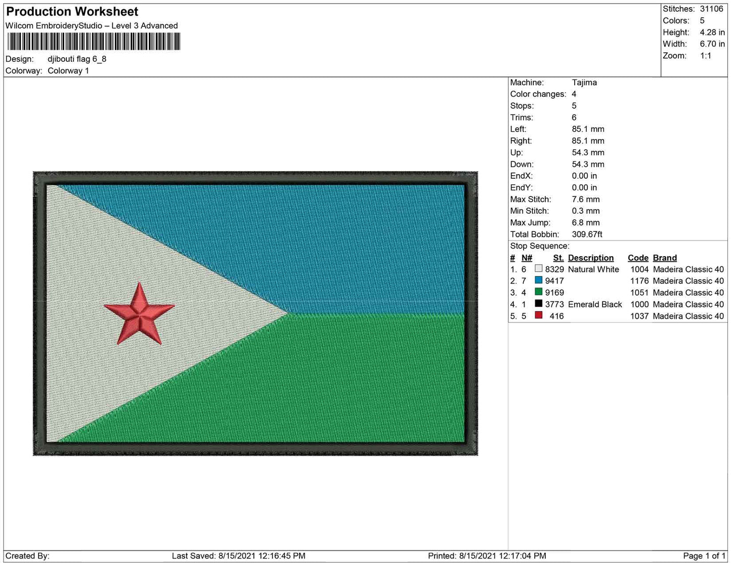 Djbouti Flag embroidery