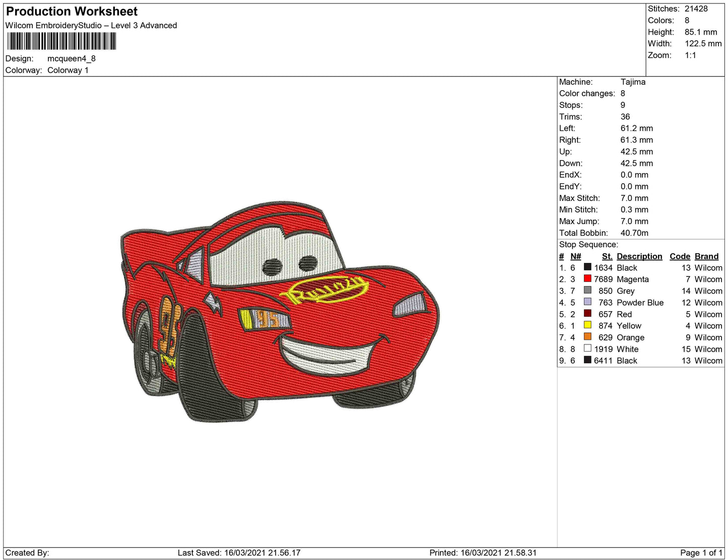 Red Car cartoon embroidery design