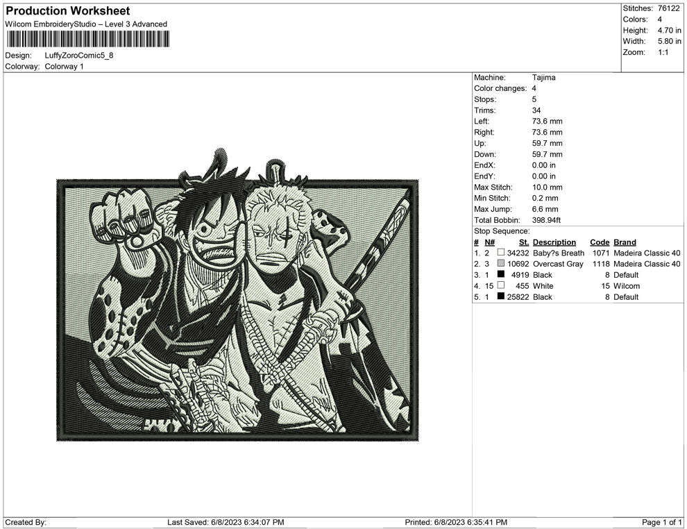 One Piece Zoro Embroidery Design File, One Piece Anime Embro