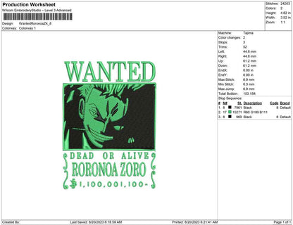 wanted Roronoa Zoro Green