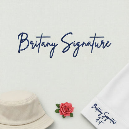 The text 'Britany Signature Font' is written in a bright pink cursive script with a darker magenta outline on a plain white background.