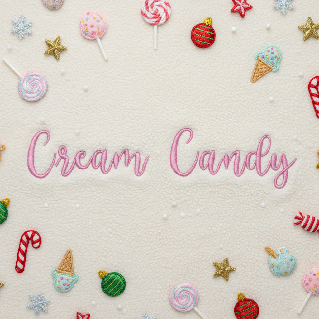 The words 'Cream Candy' written in a pink cursive script with a darker pink outline, centered on a plain white background.