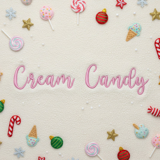 The words 'Cream Candy' written in a pink cursive script with a darker pink outline, centered on a plain white background.