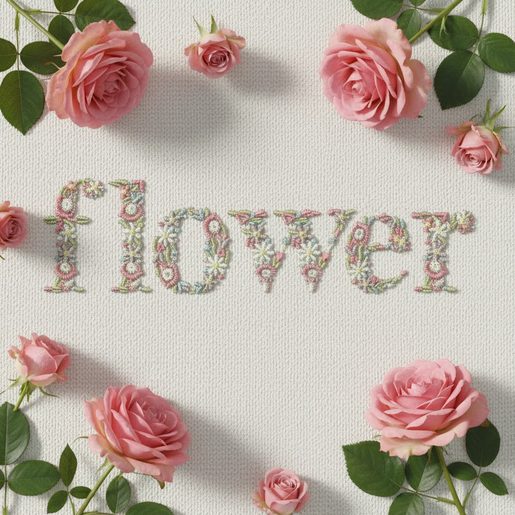 The word 'flower' spelled out in decorative floral letters, filled with a multicolor floral pattern of pink, green, white, and yellow flowers, centered on a plain white background.