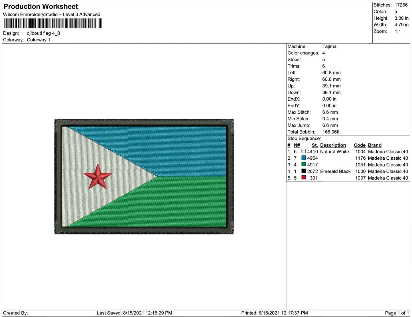 Djbouti Flag embroidery